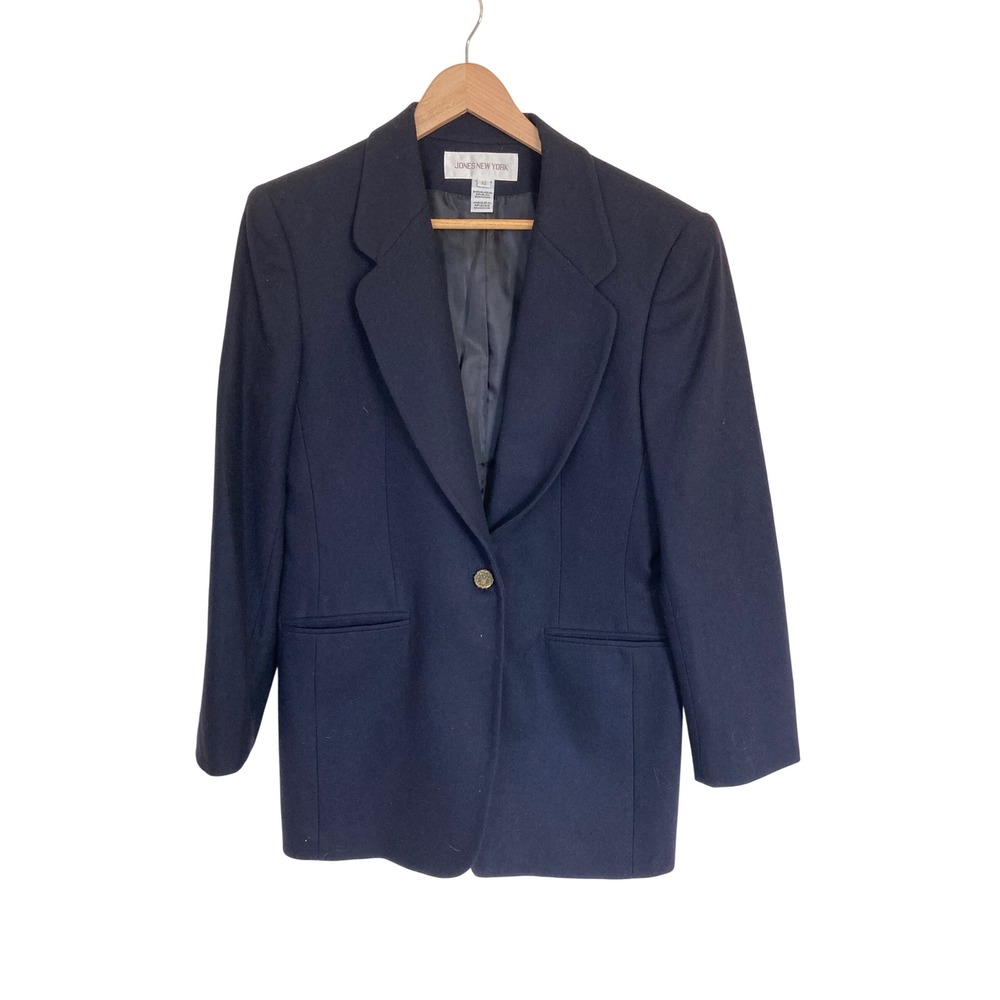 Jones New York Navy Blue 100% Merino Wool Single Button Crest Blazer Size 10